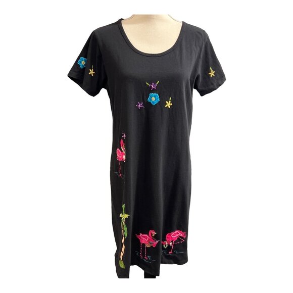 Pushpa TShirt Dress Women M Black Embroidered Beaded Flamingo Palm Tree Vacation - Picture 1 of 8